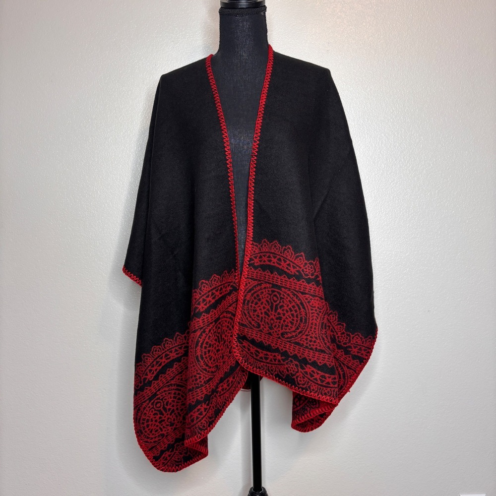 Chicos Reversible Ruana Fringe Cape‎ Shawl Black Red One Size